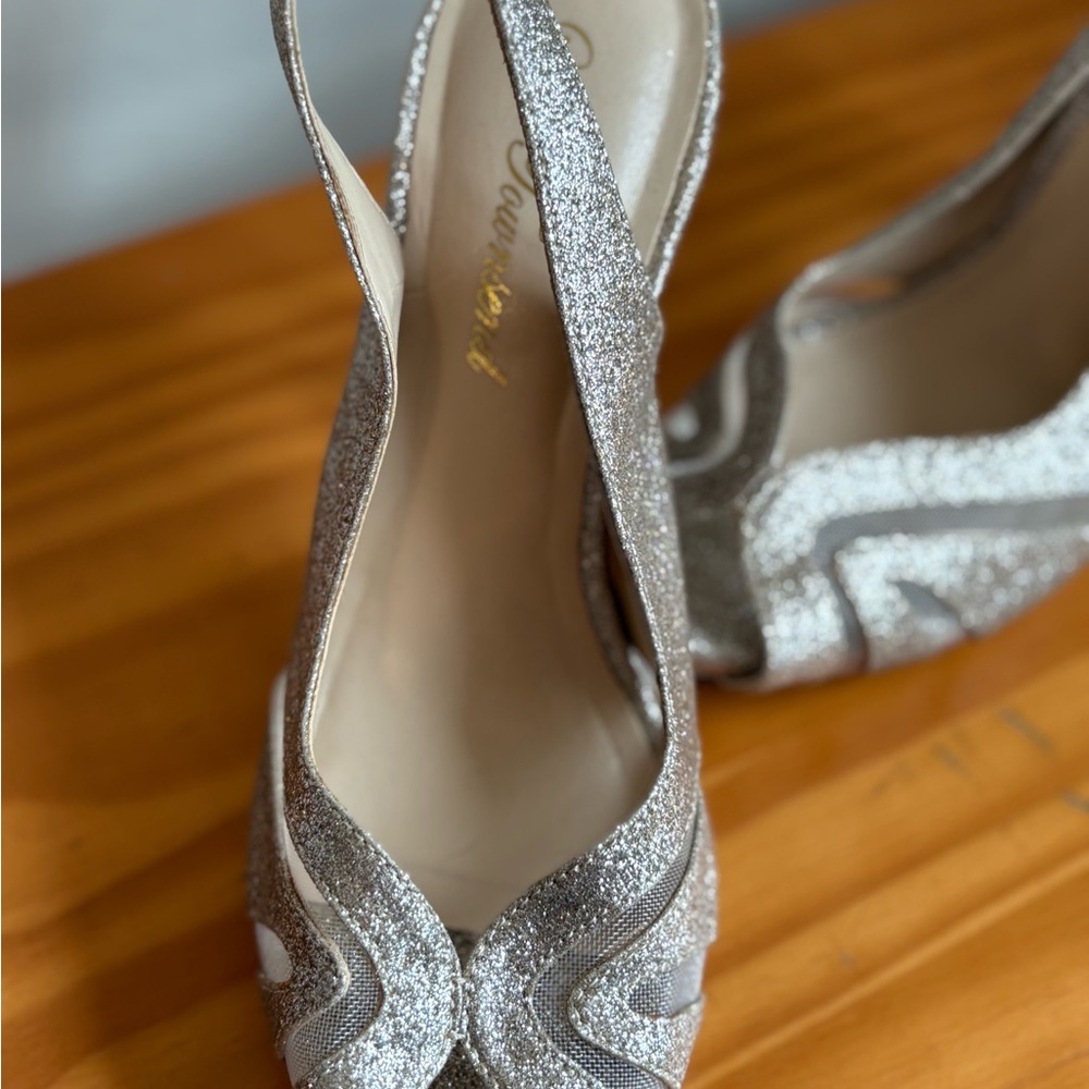 Lulu Townsend Silver Glitter Heels with Peep-Toe Design - Picture 3 of 6